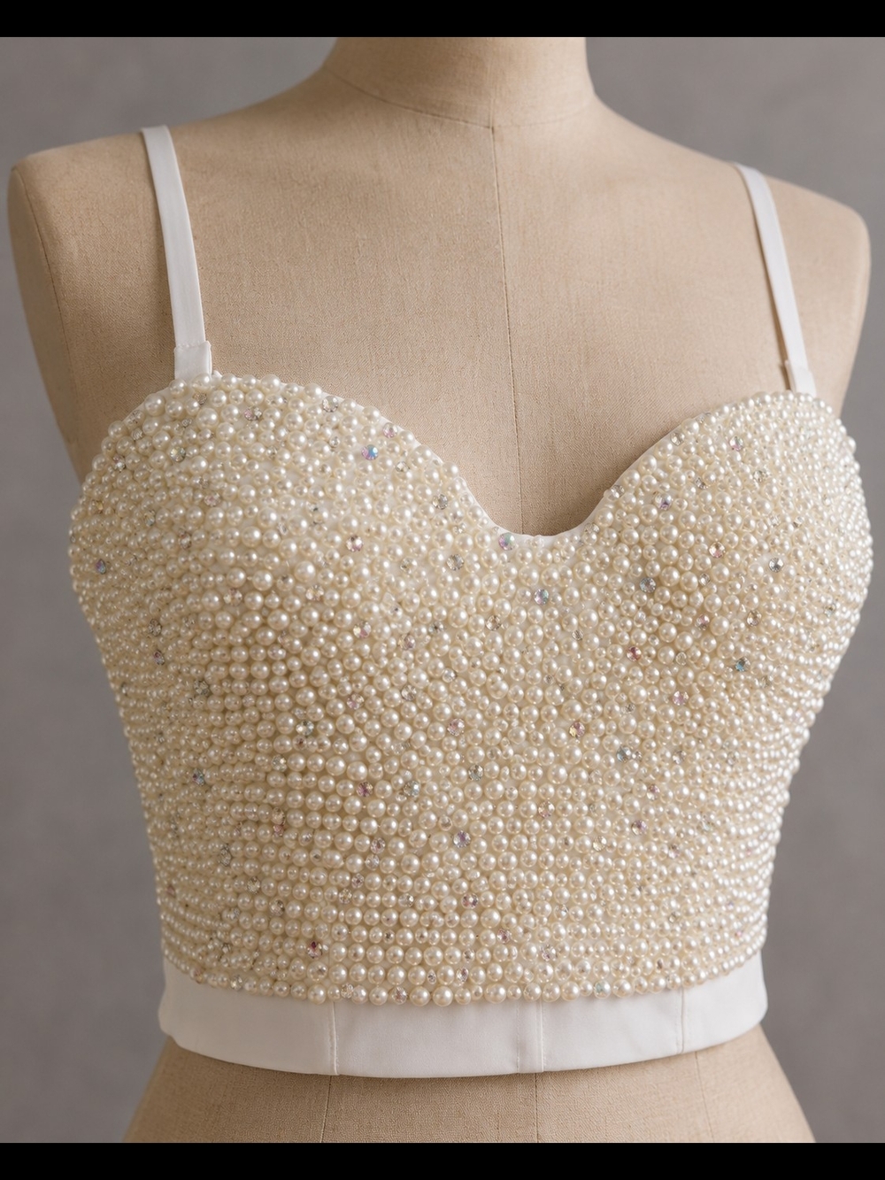 Women’s Pearl Rhinestone Bustier Corset Crop Top White Detatchable Straps